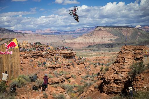 Kelly McGarry backflips the 72-foot canyon gap jump at Red Bull Rampage
