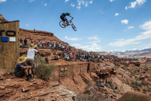 James Doerfling lands a massive air in front of the Utah crowd at Red Bull Rampage