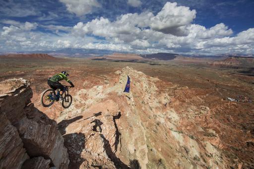 Louis Reboul rides the narrow, exposed ridgelines of the Red Bull Rampage course in the Utah desert 