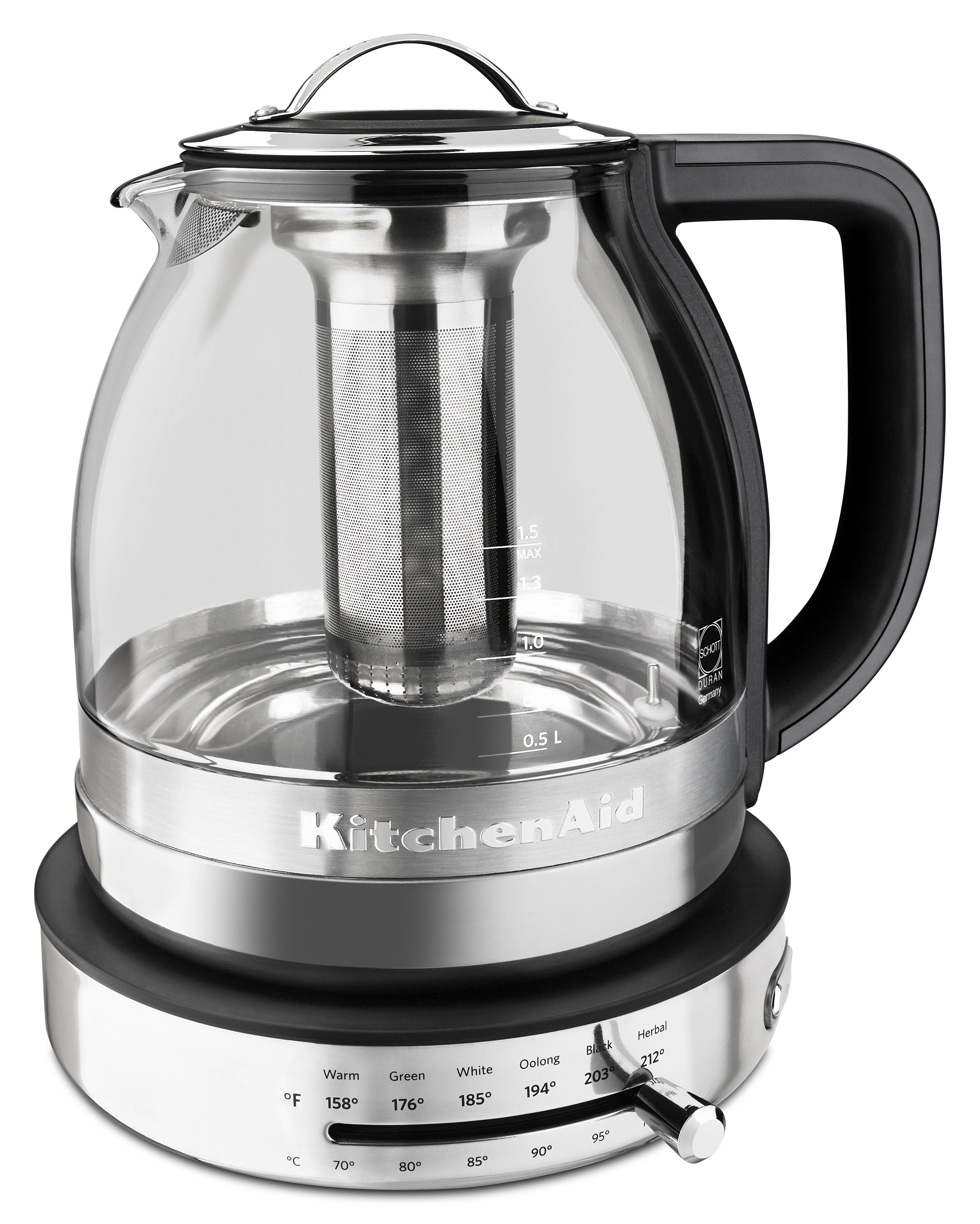 The new KitchenAid® Glass Tea Kettle with preset settings offers tea lovers easy mastery of the perfect cup.