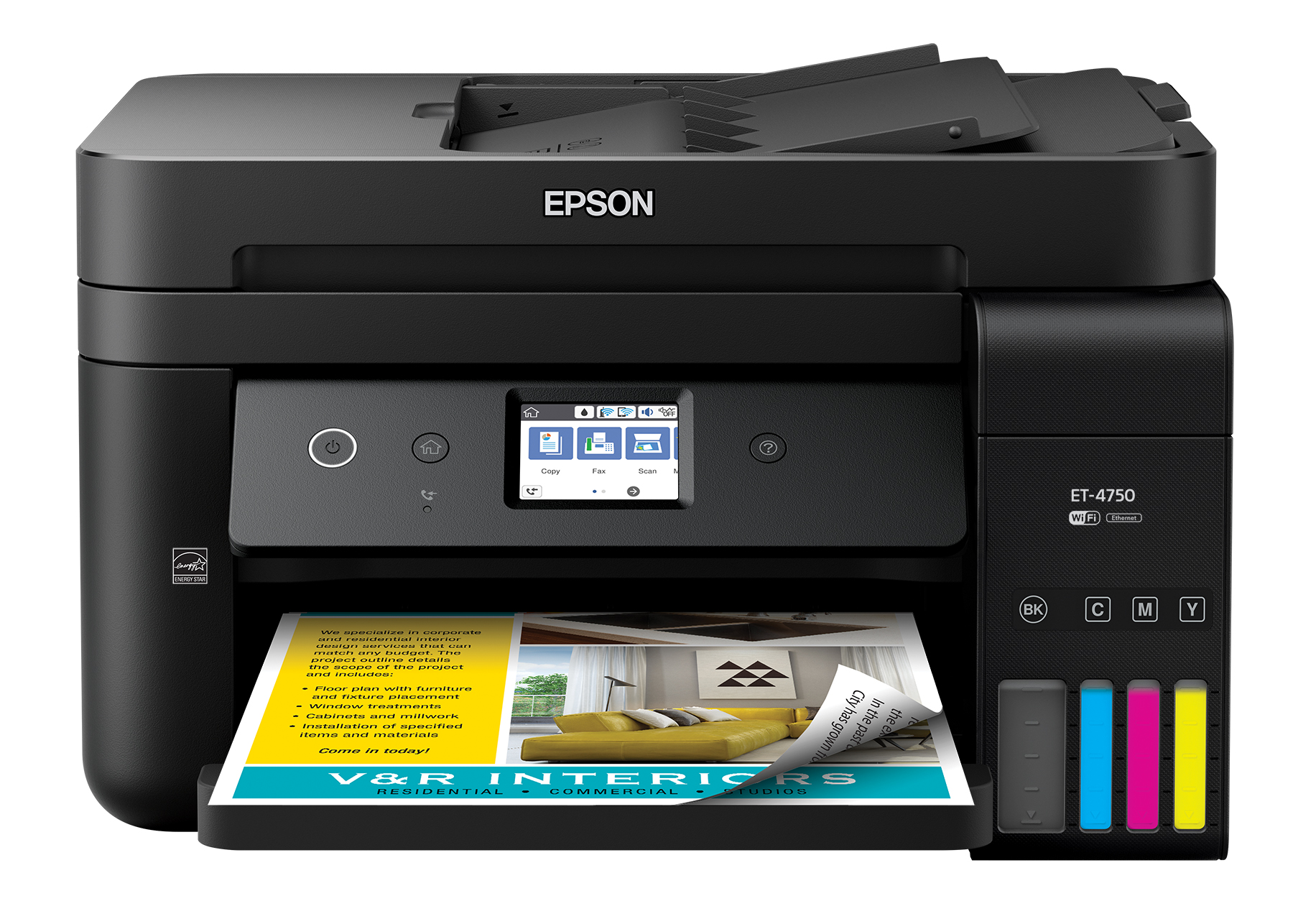 WorkForce ET-4750 EcoTank features cartridge-free printing with easy-to-fill, supersized ink tanks and includes up to two years of ink in the box - enough to print up to 11,200 pages in the office.