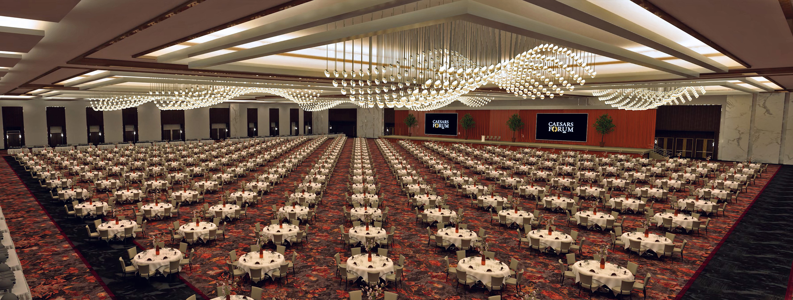 Interior rendering of the world’s largest pillarless ballroom inside CAESARS FORUM, Caesars Entertainment’s $375 million conference center opening in Las Vegas in 2020.