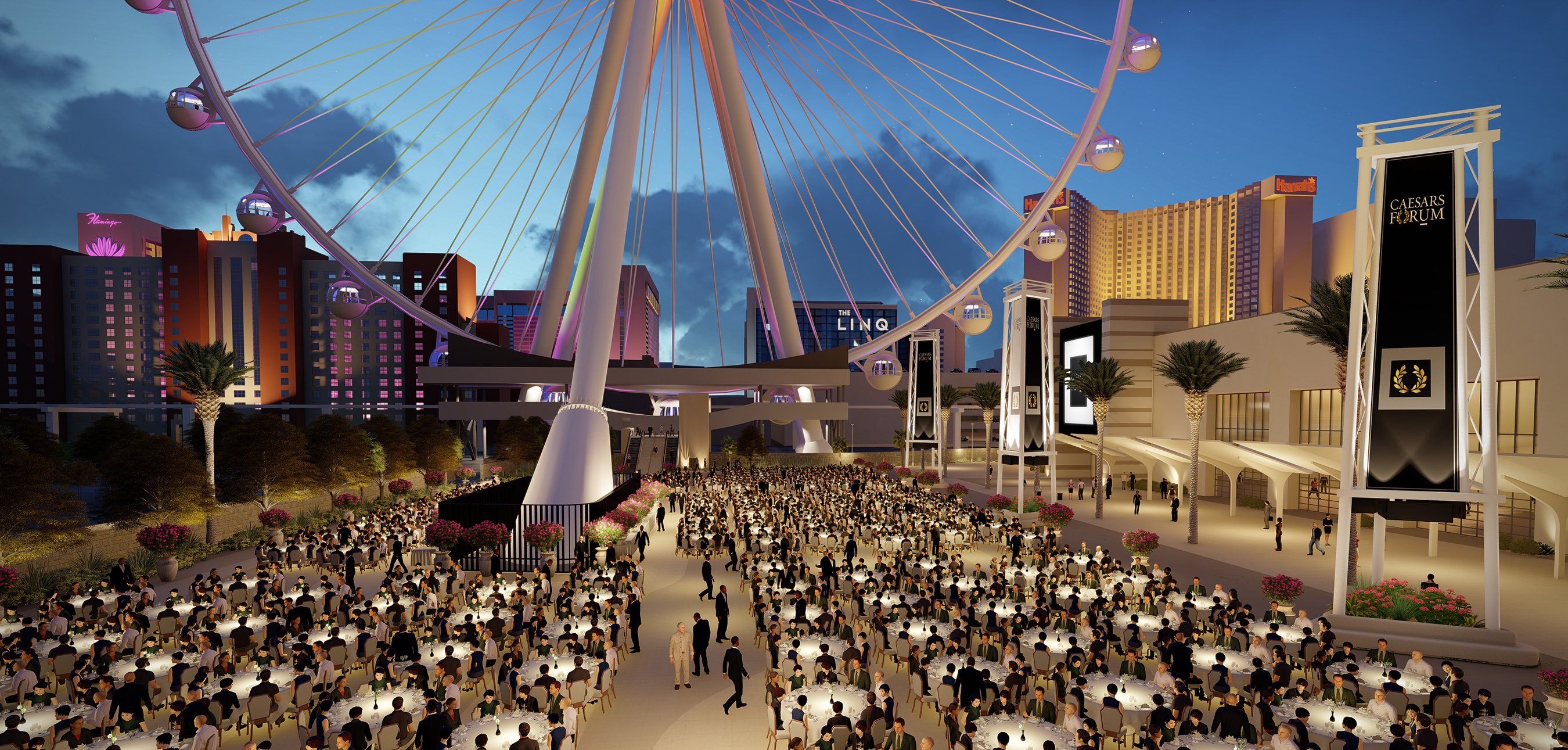 Exterior rendering of FORUM Plaza, a 100,000 square-foot outdoor meetings space at CAESARS FORUM, the $375 million conference center opening in Las Vegas in 2020.