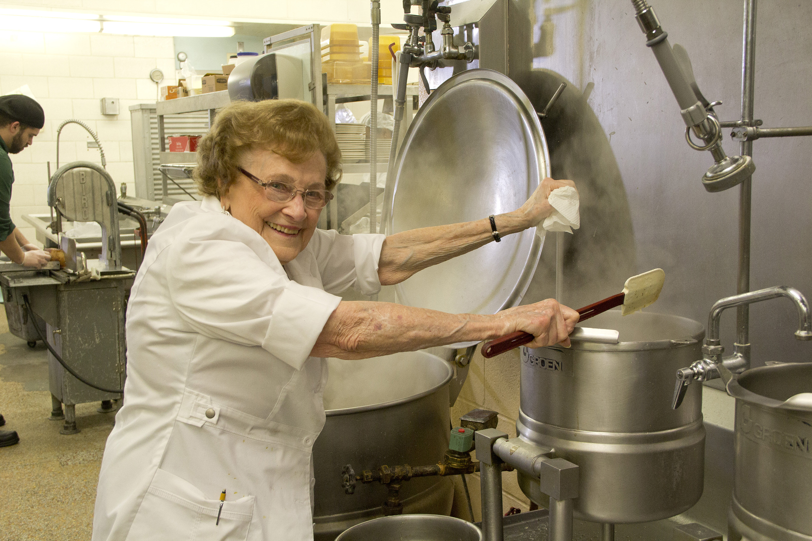 Dorothy Zehnder in the kitchen of the Bavarian Inn Restaurant preparing each day’s food offerings for guests.