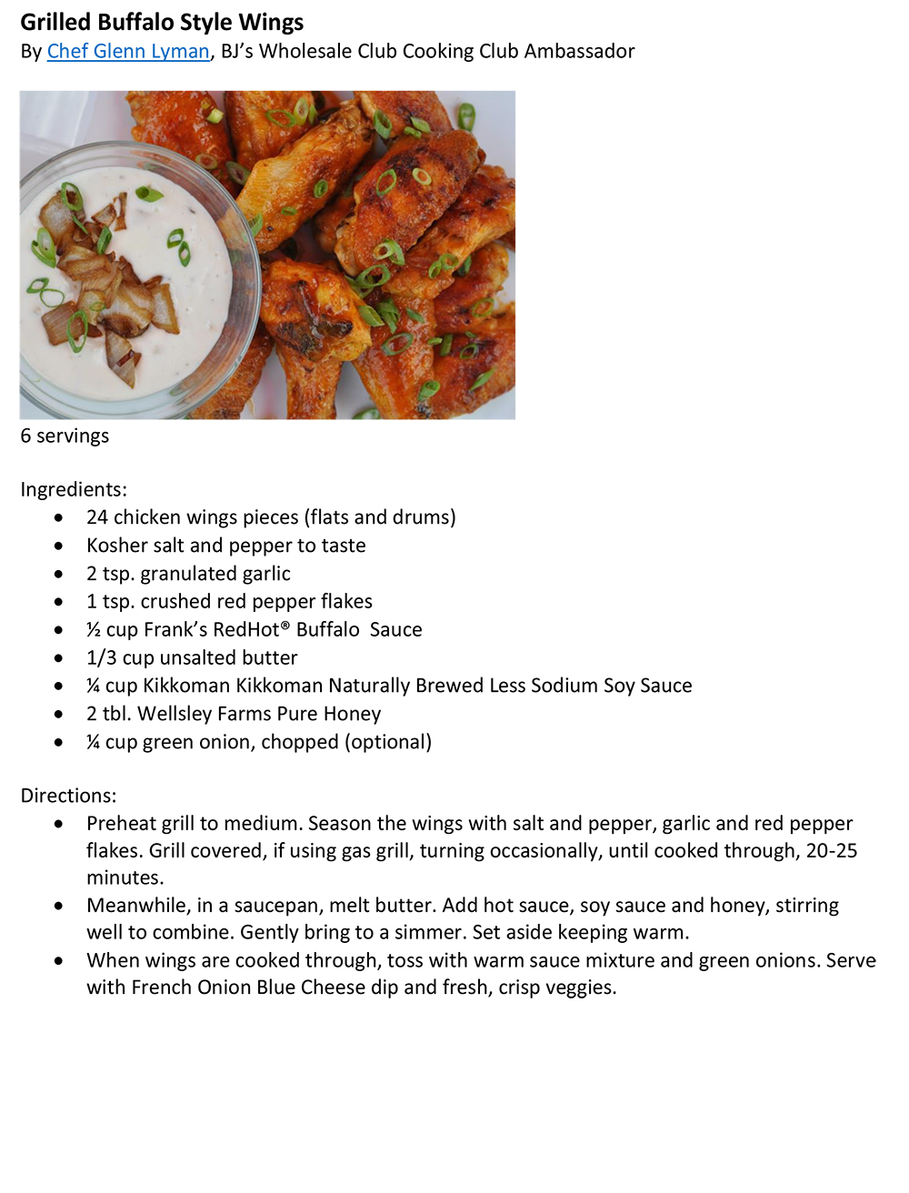 Grilled Style Buffalo Wings with French Onion Dip Recipe
