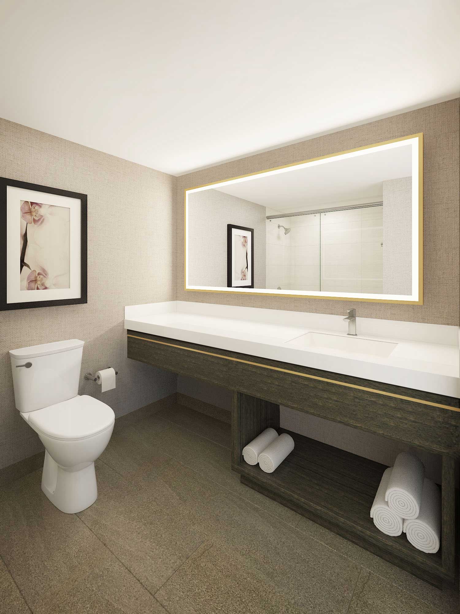 Each guestroom will offer a distinguished guest experience, which continues into the bathrooms, where new vanities, lighted mirrors, flooring, and showers create a spa-like setting.