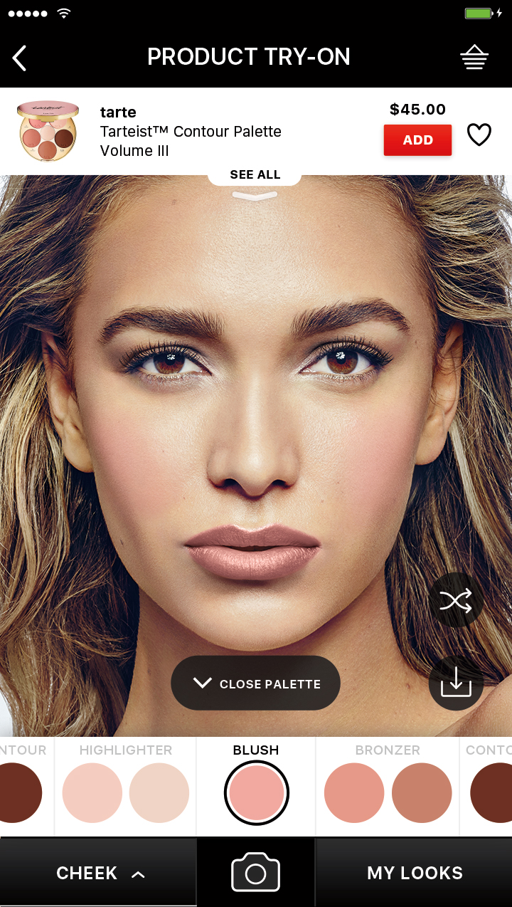 Try on over 1,000 blush, bronzer, contour, and highlighter shades, including single colors and palettes.
