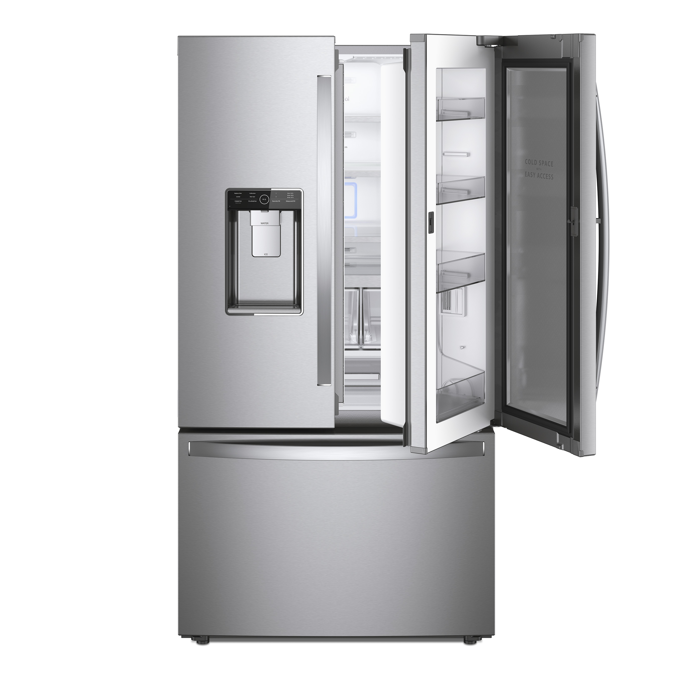 A fit for every family: the Whirlpool® French Door-within-Door Refrigerator features a designated “Cold Space” that keeps milk and other drinks extra cold.