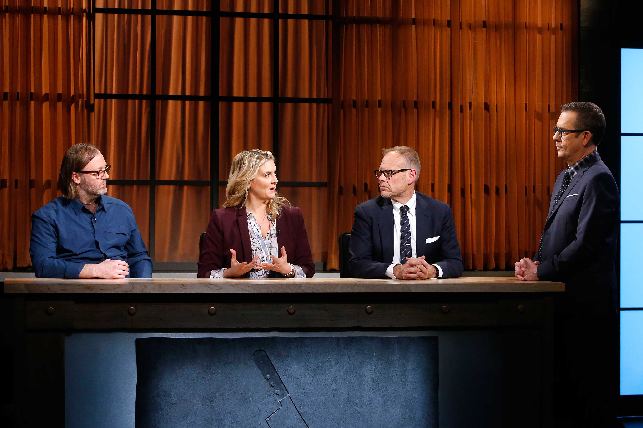 Judges Wylie Dufresne, Amanda Freitag and Alton Brown and host Ted Allen