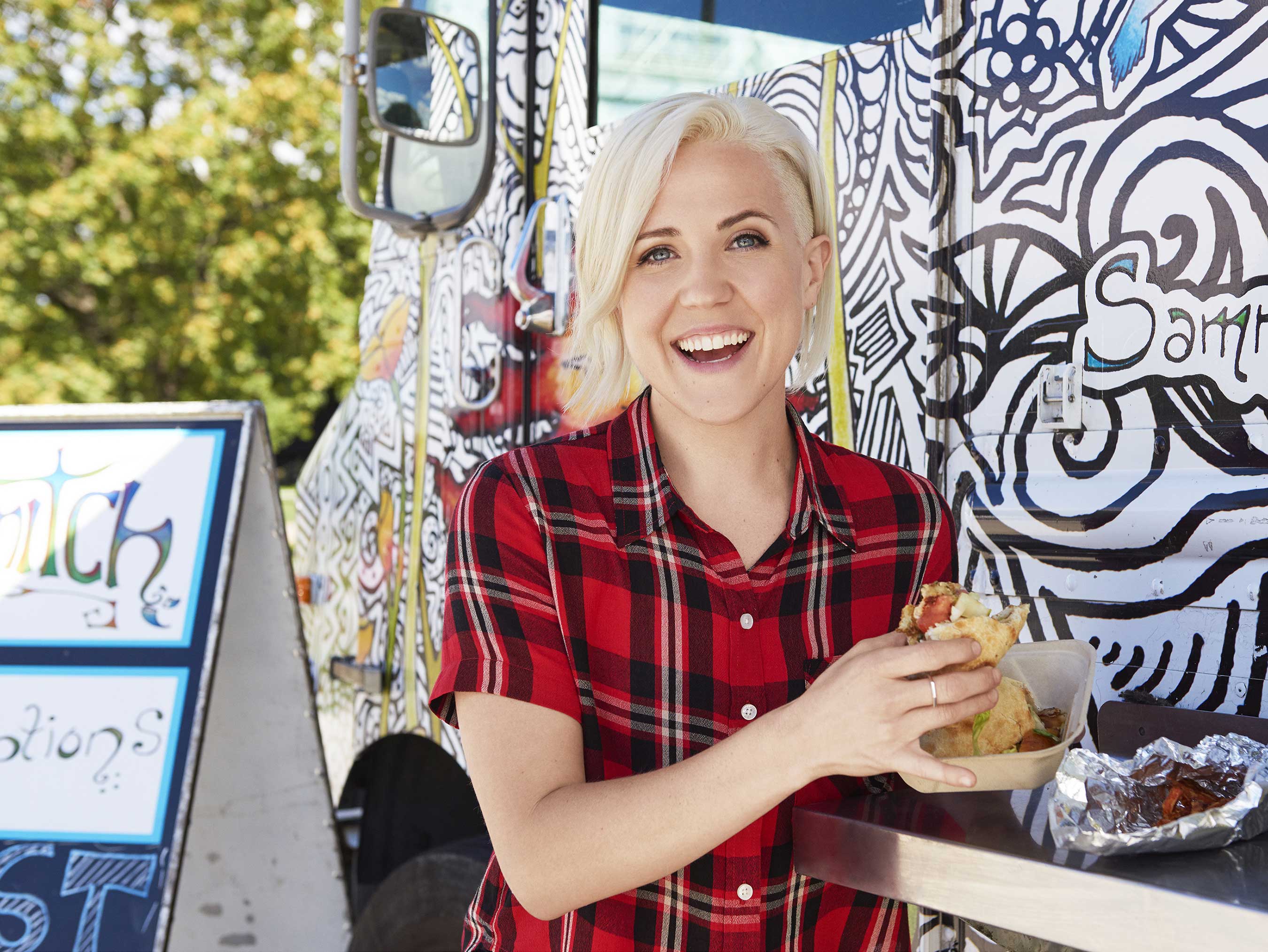 Hannah Hart at Sammitch Truck in Eugene, Oregon, on Food Network's I Hart Food