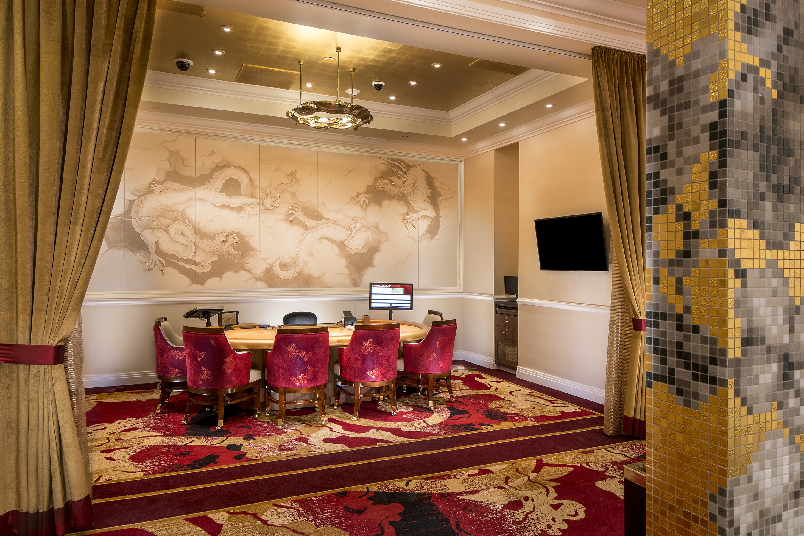 The luxurious second-level VIP Gaming Lounge at Lucky Dragon Hotel & Casino offers a premium high-limit gaming experience // Credit: Larry Hanna, Courtesy: Lucky Dragon Hotel & Casino