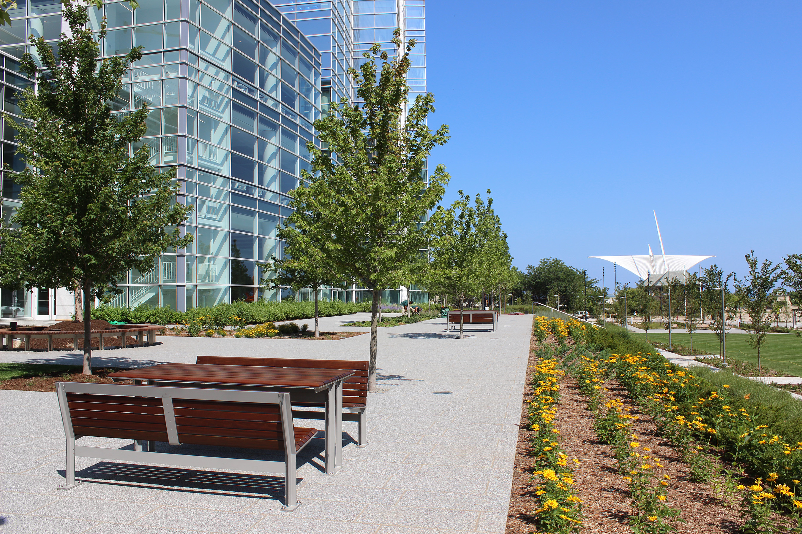 The Northwestern Mutual Gardens includes three acres of landscaped green space, walkways and seating on the south side of The Tower and Commons and is open to the public.