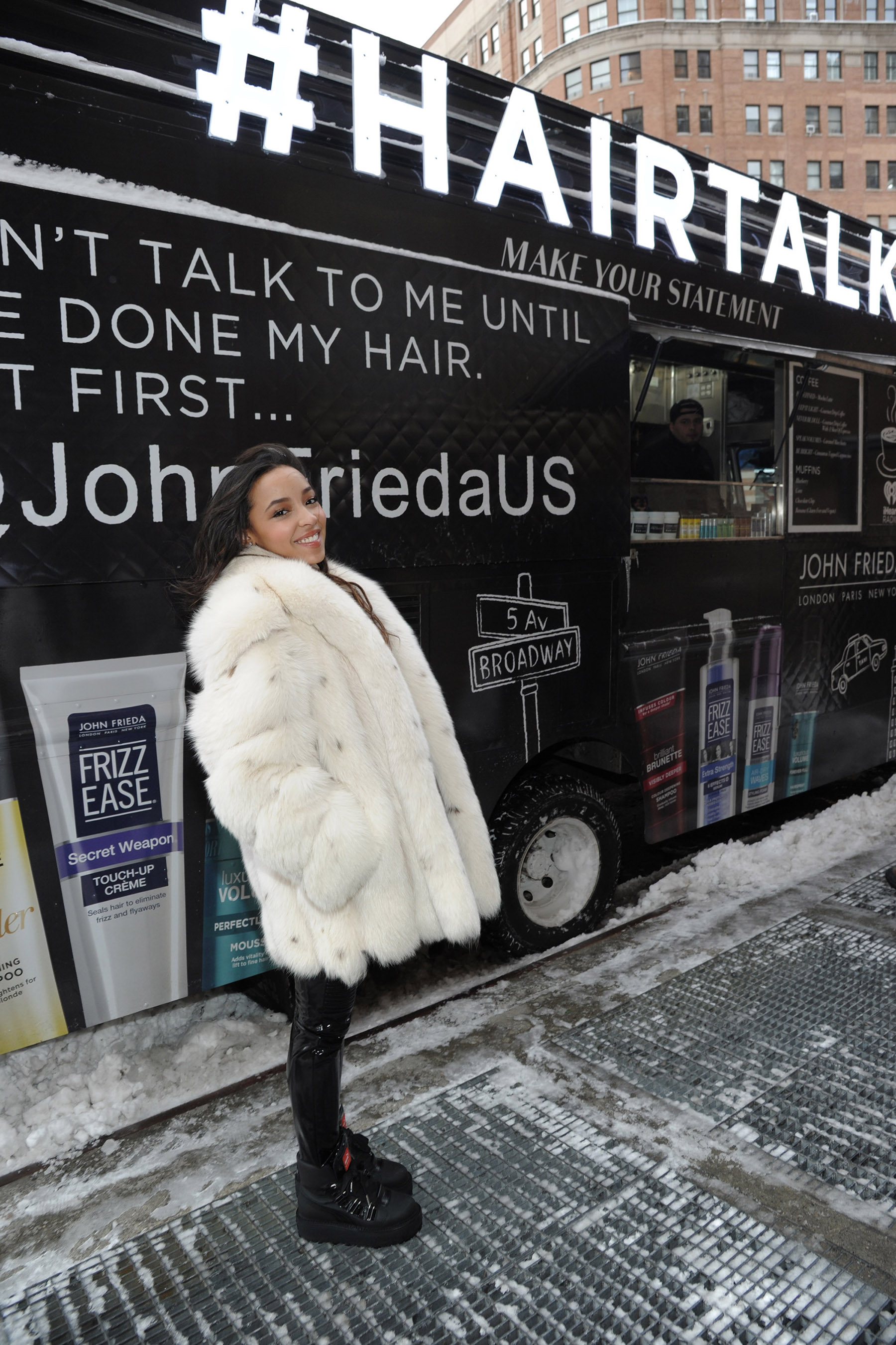 Tinashe visits the John Frieda® Hair Care coffee truck in NYC