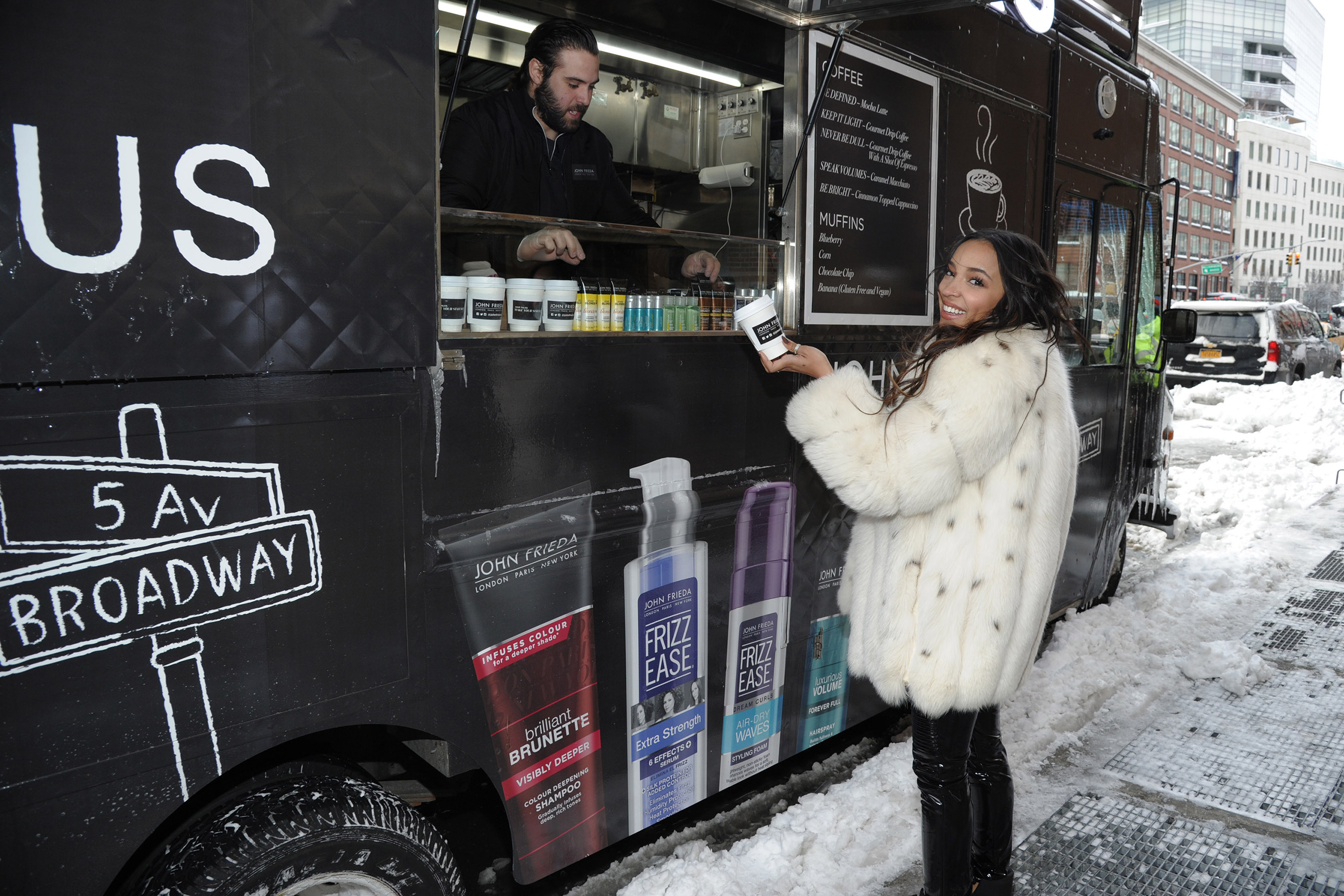 Tinashe samples coffee at the John Frieda® Hair Care coffee truck in NYC