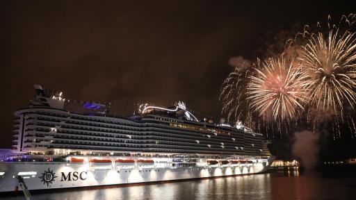 Fireworks erupt over Genoa as the MSC Seaview is officially named.