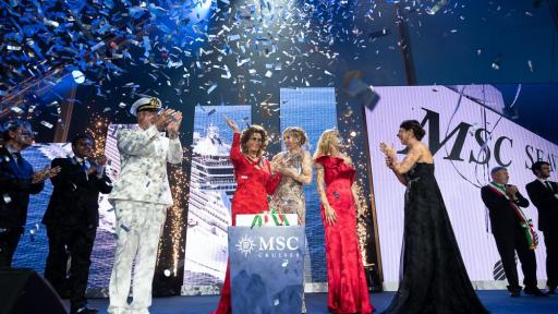 Captain Pier Paolo Scala and Sophia Loren Cut the Ribbon to Officially Inaugurate MSC Seaview.