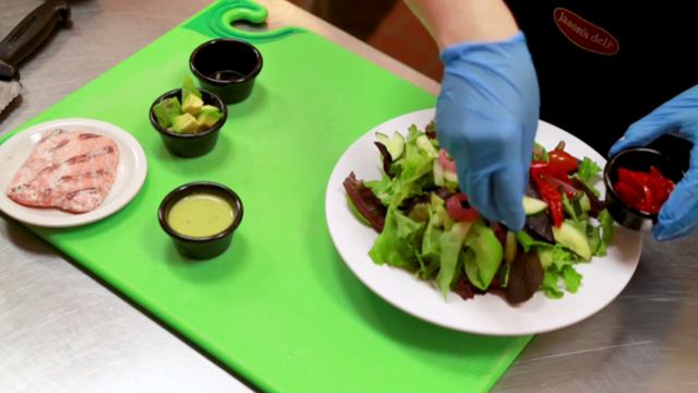 Salmon Pacifica Salad B-roll.  Package includes footage of the salad being made and soundbites from Jamie Cohen, Chief Branding Officer for Jason's Deli.