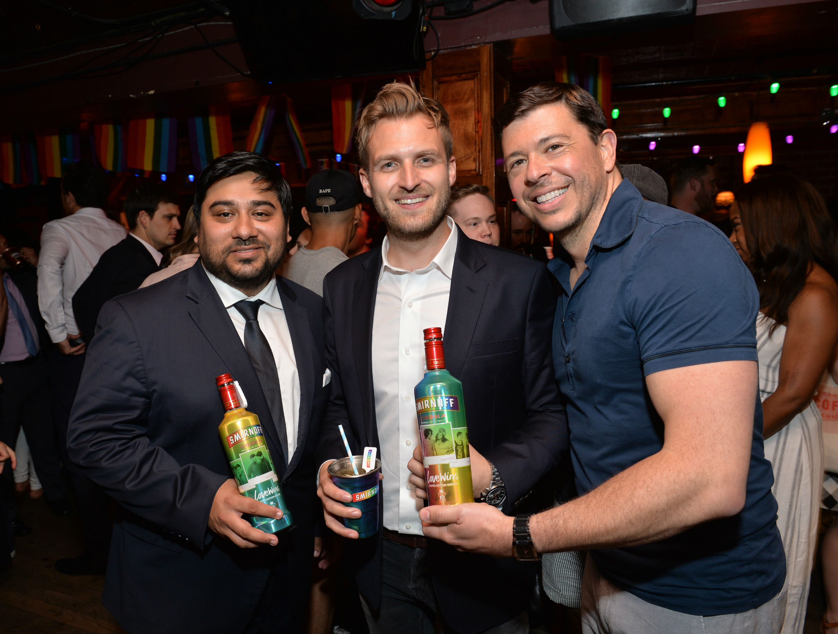 Vice President of SMIRNOFF Jay Sethi, SMIRNOFF Brand Manager Jamie Young and Adam Marquez, Associate Director of Corporate Development for the Human Rights Campaign, announce the launch of SMIRNOFF No. 21 Vodka “Love Wins” limited edition bottles to celebrate inclusivity and love in all its forms in New York City on Thursday, May 18, 2017.