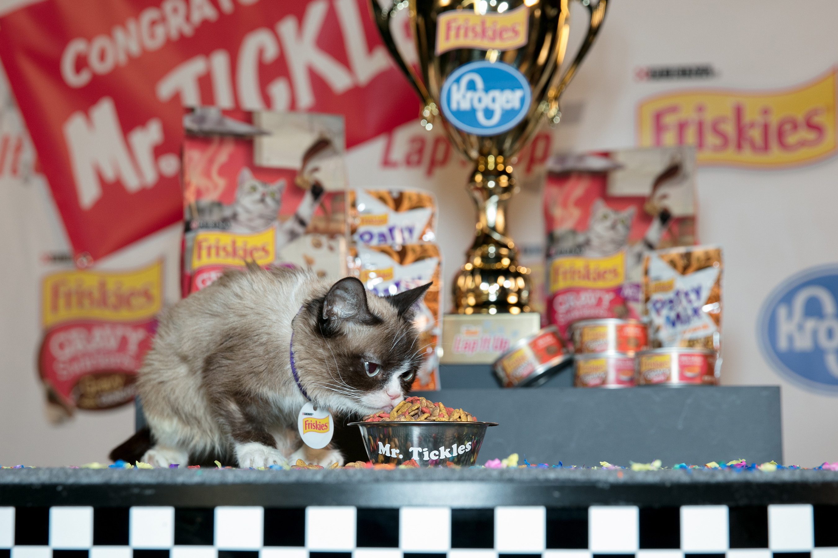 Grumpy Cat taste-tests Mr. Tickles' victory meal and enjoys it! Visit www.Kroger.com/Friskies to view the full video.