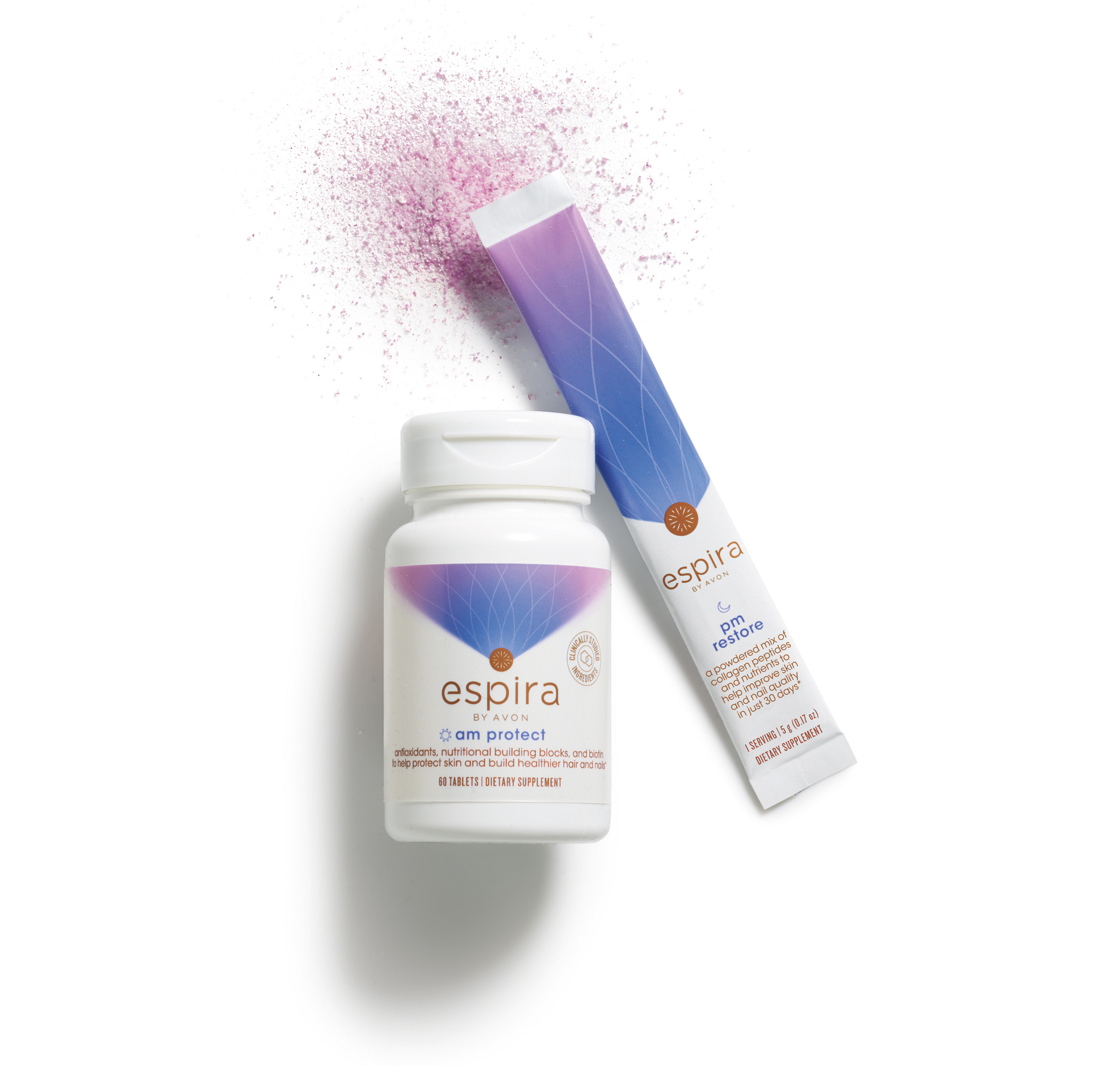 Espira By Avon AM Protect and PM Restore supplements provide antioxidents and nutritional bulding blocks for stronger, healthier-looking hair, skin and nails.