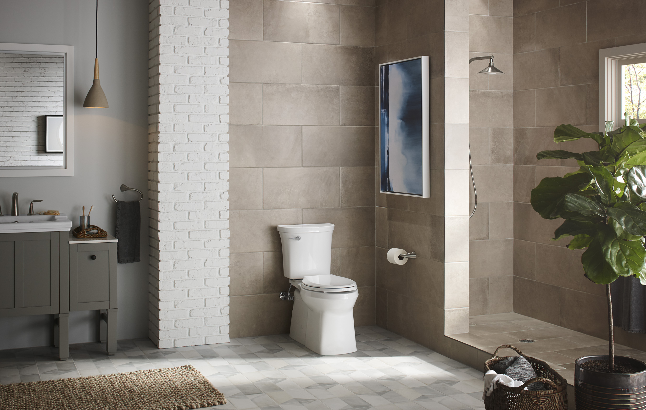 Kohler Corbelle toilet with Revolution 360 flush is powered by the AquaPiston canister technology which allows water to flow out of the tank at 360 degrees, increasing the power and effectiveness of the flush.