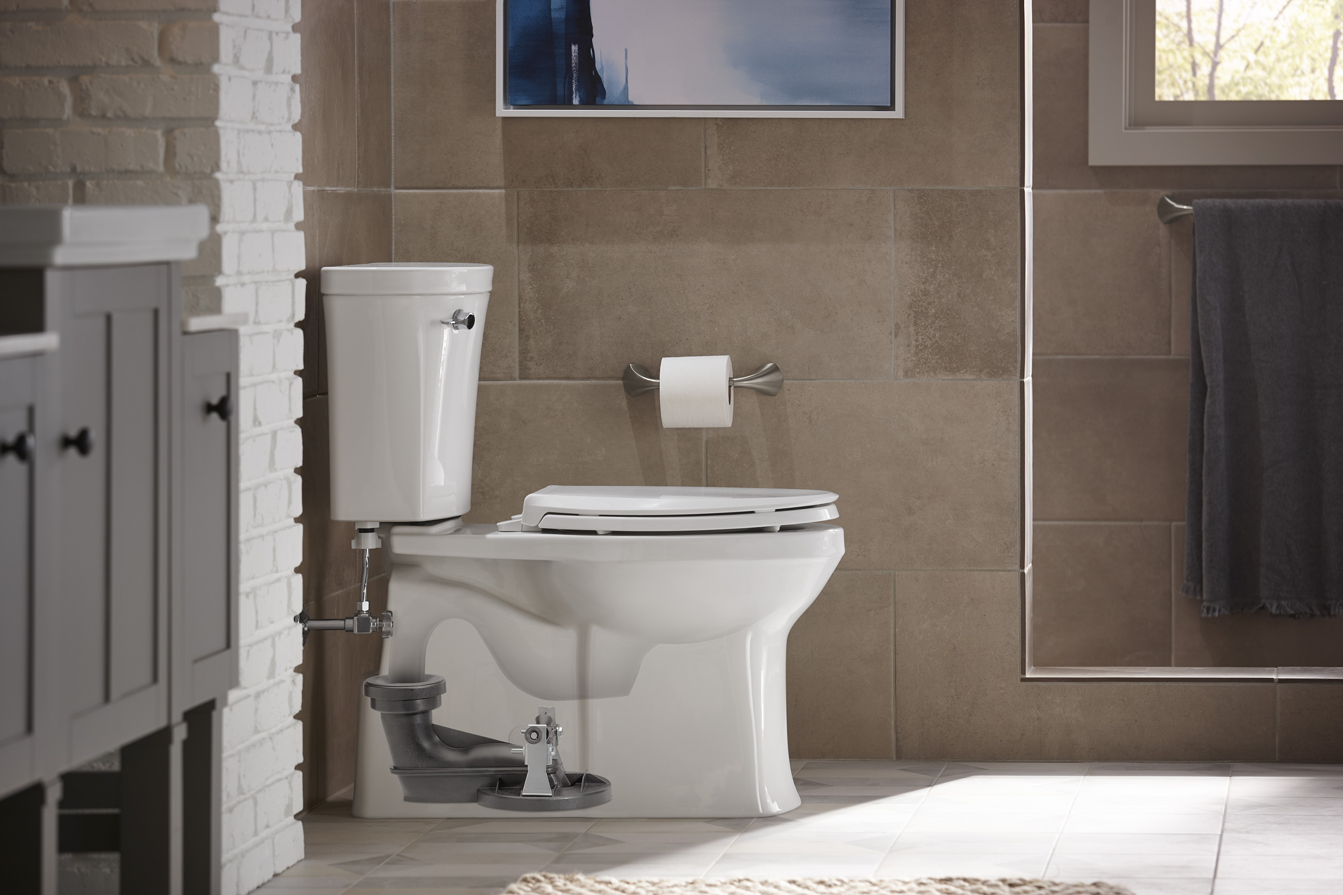 Kohler Corbelle toilet with Revolution 360 flush is powered by the AquaPiston canister technology which allows water to flow out of the tank at 360 degrees, increasing the power and effectiveness of the flush.