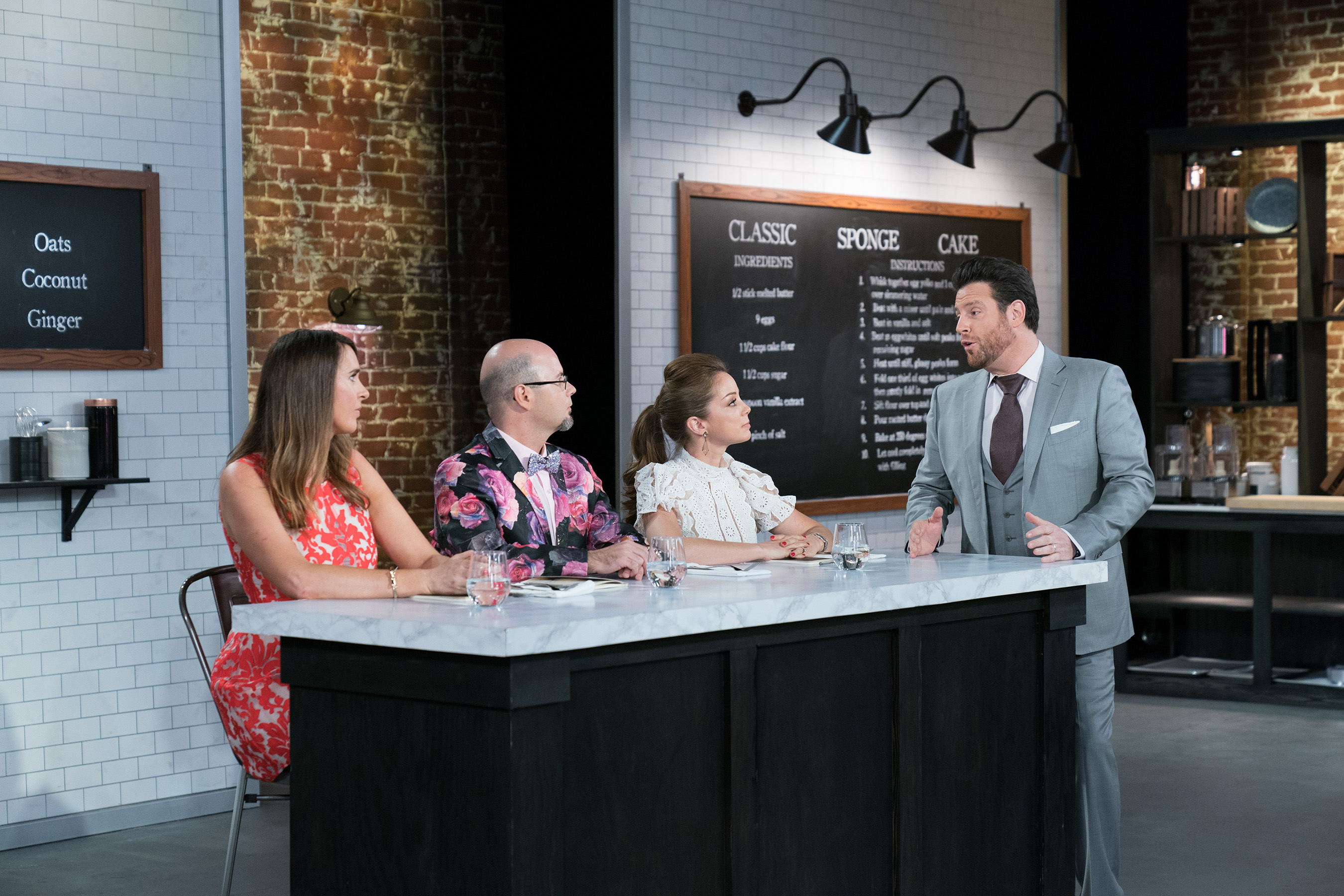 Gemma Stafford, Jason Smith and Marcela Valladolid with Scott Conant on Food Network's Best Baker in America
