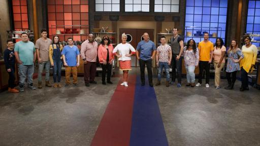 Anne Burrell and Robert Irvine with the recruits on Food Network's Worst Cooks in America