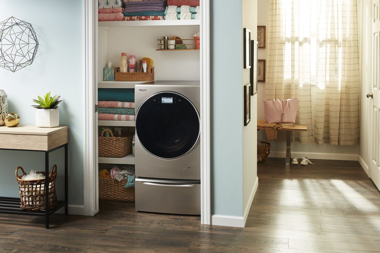 The Whirlpool® Smart All-In-One Washer and Dryer will not require a transfer between the washer and dryer and works with Apple Watch, Amazon and Google Home.