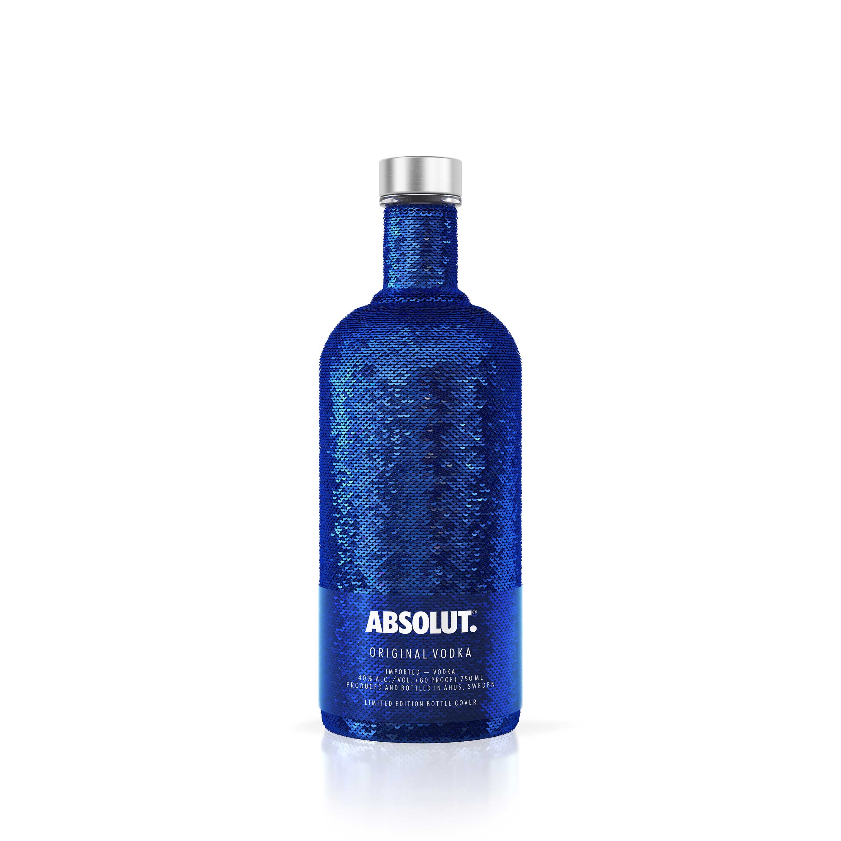 Absolut’s limited edition sequin bottle cover changes color from sapphire to silver with a simple swipe.