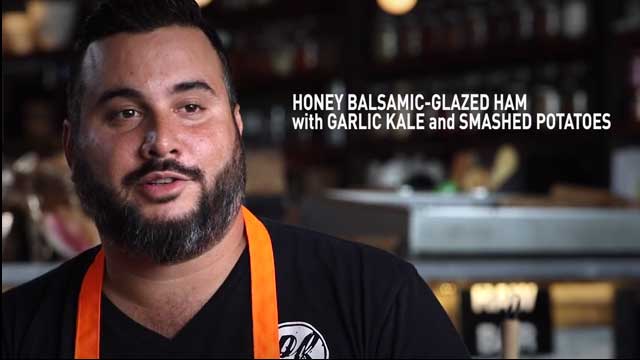 Honey Balsamic-Glazed Ham with Garlic Kale and Smashed Potatoes