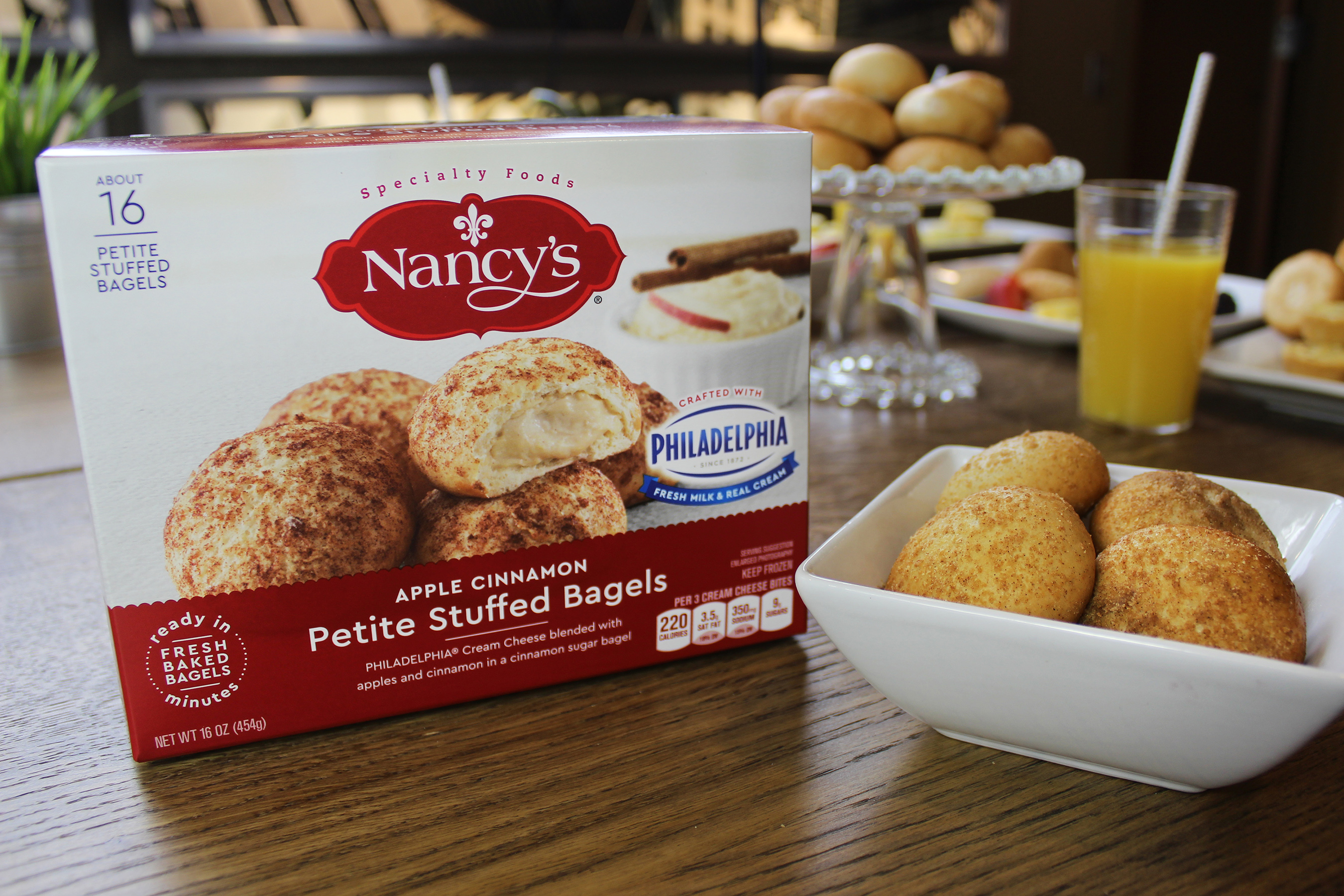 Embrace the holiday season with Nancy's Petite Stuffed Apple Cinnamon Bagels made with PHILADELPHIA Cream Cheese blended with apples and cinnamon in a cinnamon sugar bagel