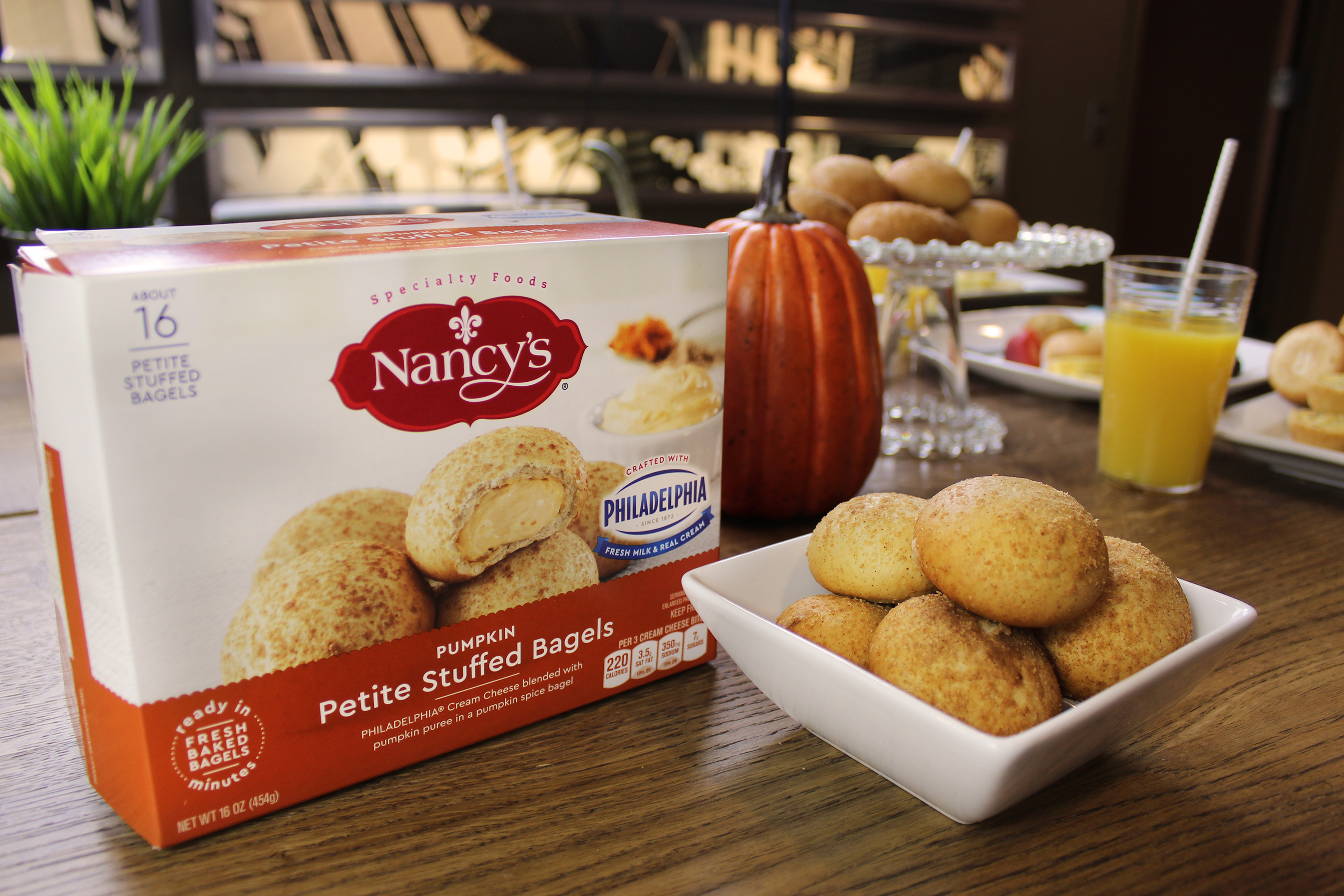 Enjoy a fall flavor favorite with Nancy's Petite Pumpkin Stuffed Bagels made with PHILADELPHIA Cream Cheese blended with pumpkin puree in a pumpkin spice bagel (exclusively at Walmart)