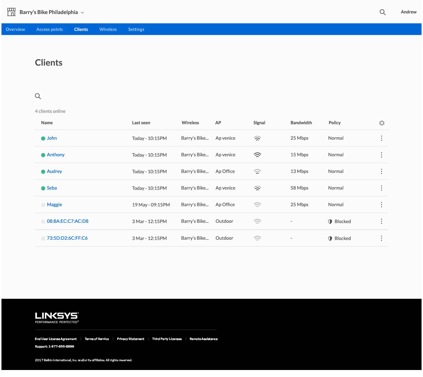 Linksys Cloud Manager Screen Shot Network Client List
