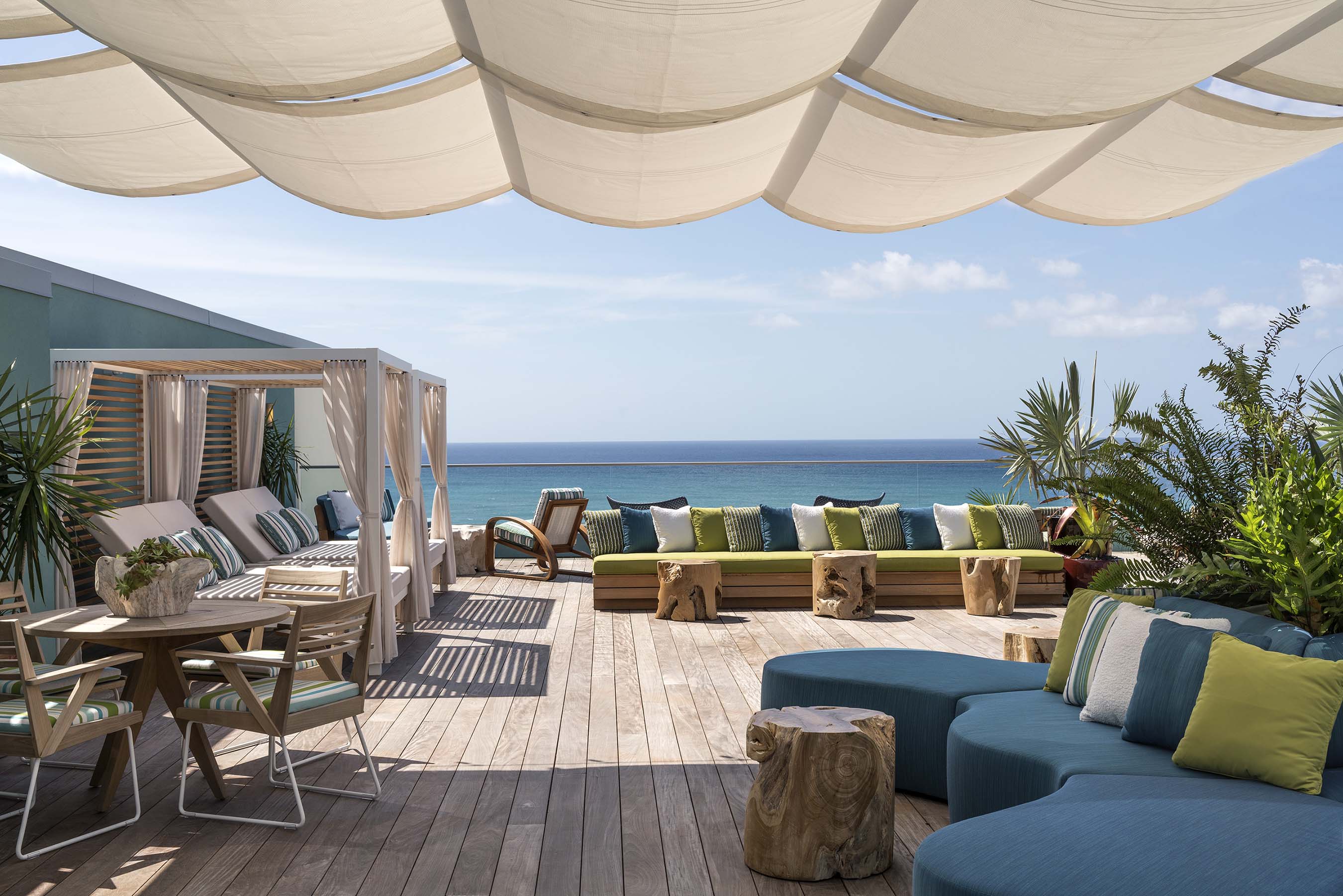 The Residences at Seafire's rooftop entertaining space "The Nest," with 360-degree views of the Caribbean Sea and North Sound, exclusively for residents