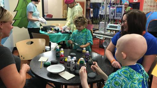 Children in hospital gowns painting rocks