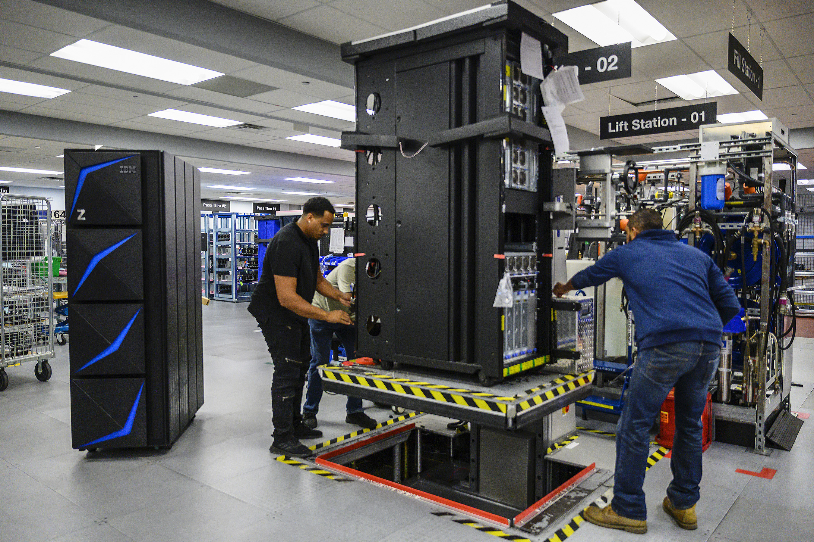 IBM engineers assembling the IBM z15, a new enterprise platform delivering the ability to manage the privacy of customer data. The systems features an industry-first capability to instantly revoke access to data across the hybrid cloud. The IBM z15 system culminates four years of development with over 3,000 IBM Z patents issued or in process and represents a collaboration with input from over 100 companies. IBM z15 can process up to 1 trillion web transactions a day and features new cloud-native development tools and instant recovery technology to optimize resiliency.