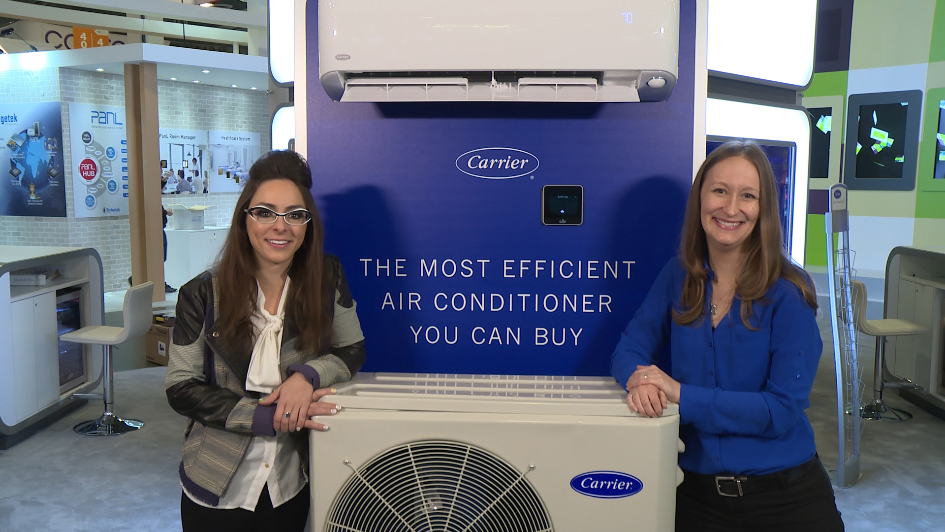 Tech expert Katie Linendoll, left, and Catie Sheppick, Carrier Brand Manager, introduced the most efficient air conditioner you can buy at the 2018 Consumer Electronics Show in Las Vegas this week. The 9,000 BTUh single-zone ductless system is rated at 42 SEER (seasonal energy efficiency ratio).