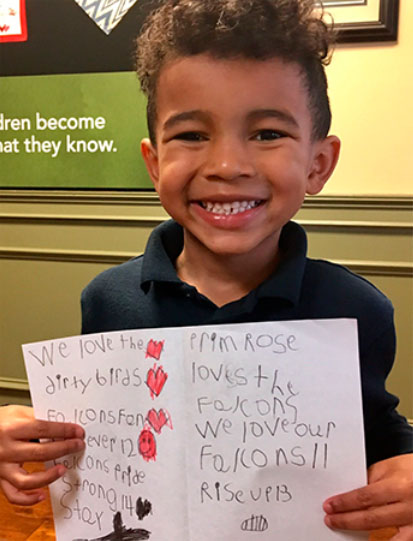 Primrose School of Buford in Metro Atlanta won the Newsmakers category for when students wrote encouraging notes to Atlanta Falcons players after their loss in the Big Game in 2017. 
