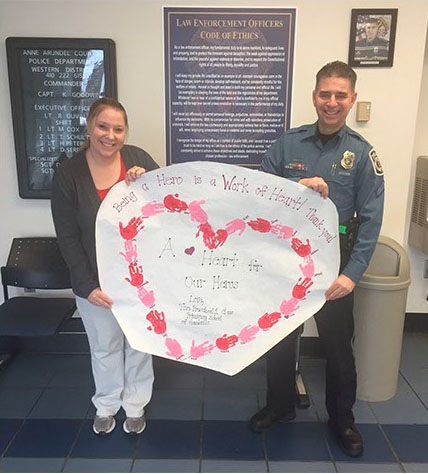 Primrose School of Gambrills near Baltimore, Md., won the Happy Hearts category for when preschoolers made a giant Valentine's Day card for the local police station to thank their local heroes. 