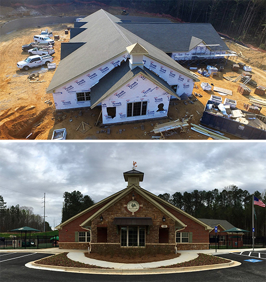 Compare photos of Primrose School of Athens during construction (top) and after completion in 2017 (bottom). The school provides quality early education and care to families in the Athens, Ga., community.