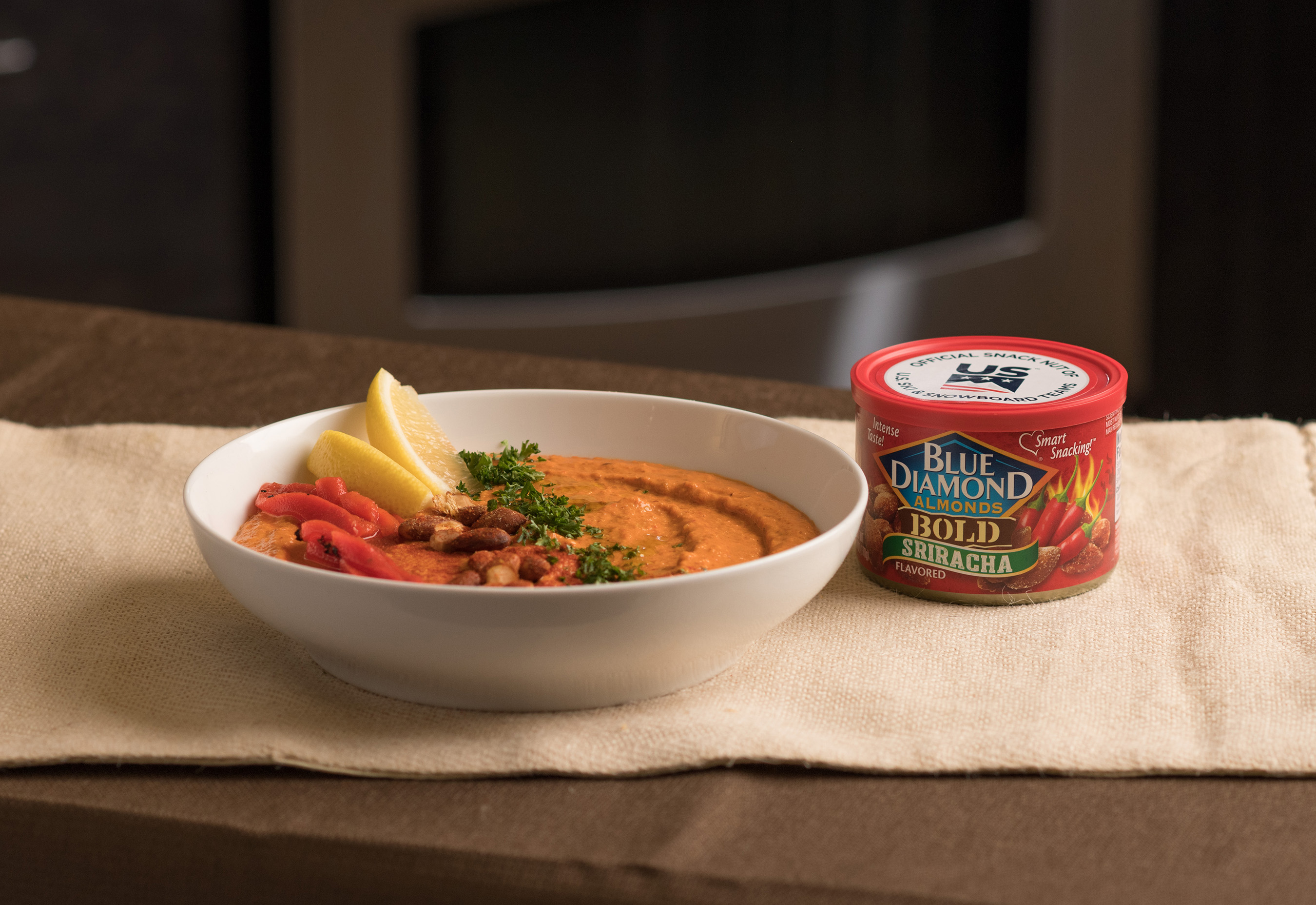 The Almond “Muhammara” Red Pepper Dip, made with Blue Diamond Sriracha almonds to give a punch of flavor, is a simple dish for chefs to quickly whip up for the U.S. Ski & Snowboard Team.