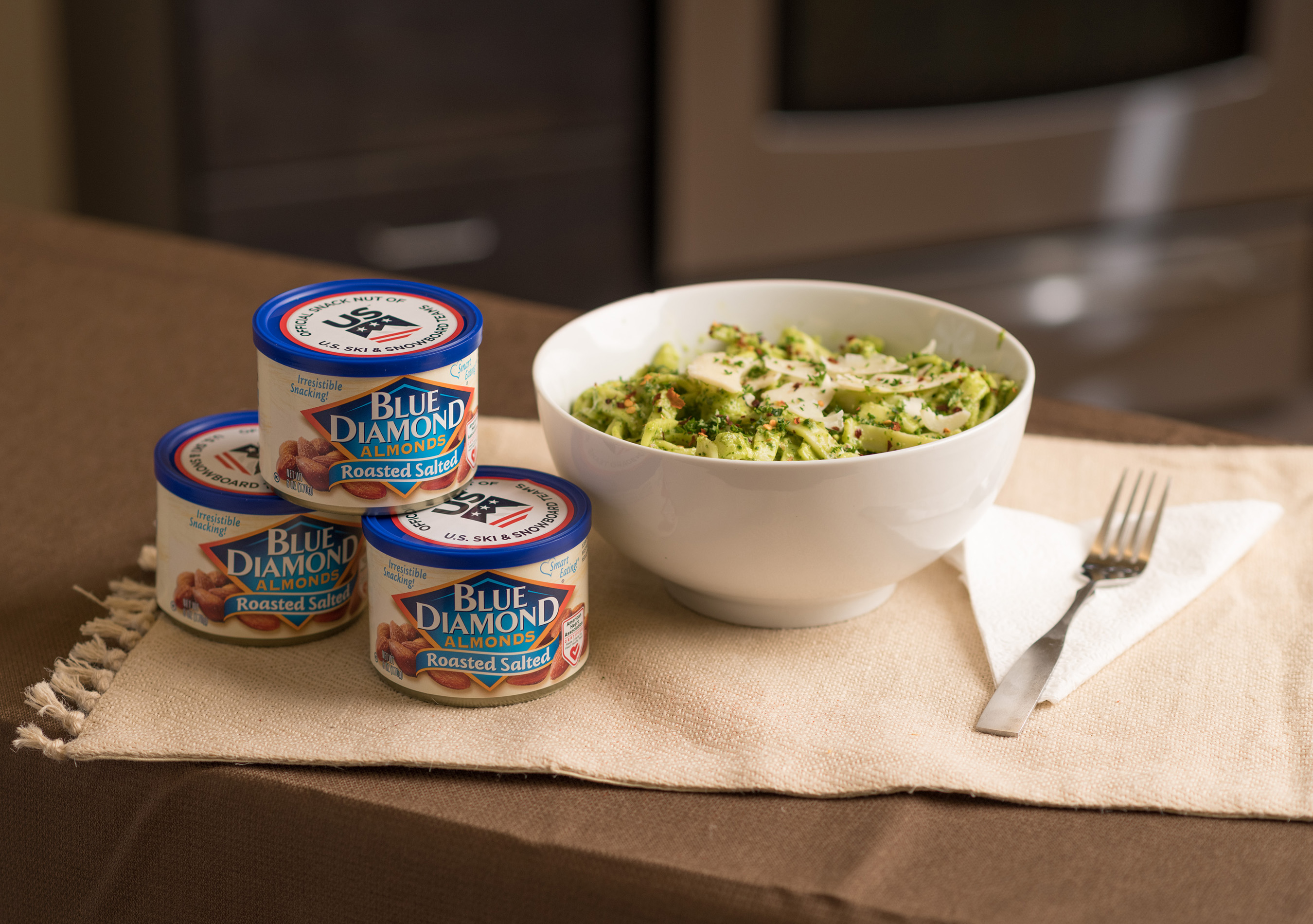 Featuring Blue Diamond Roasted Salted almonds, this Kale Almond Pesto Pasta has a bold, savory flavor that the athletes gravitate to.