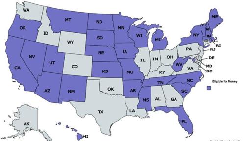 A purple map of the US with some blue states.