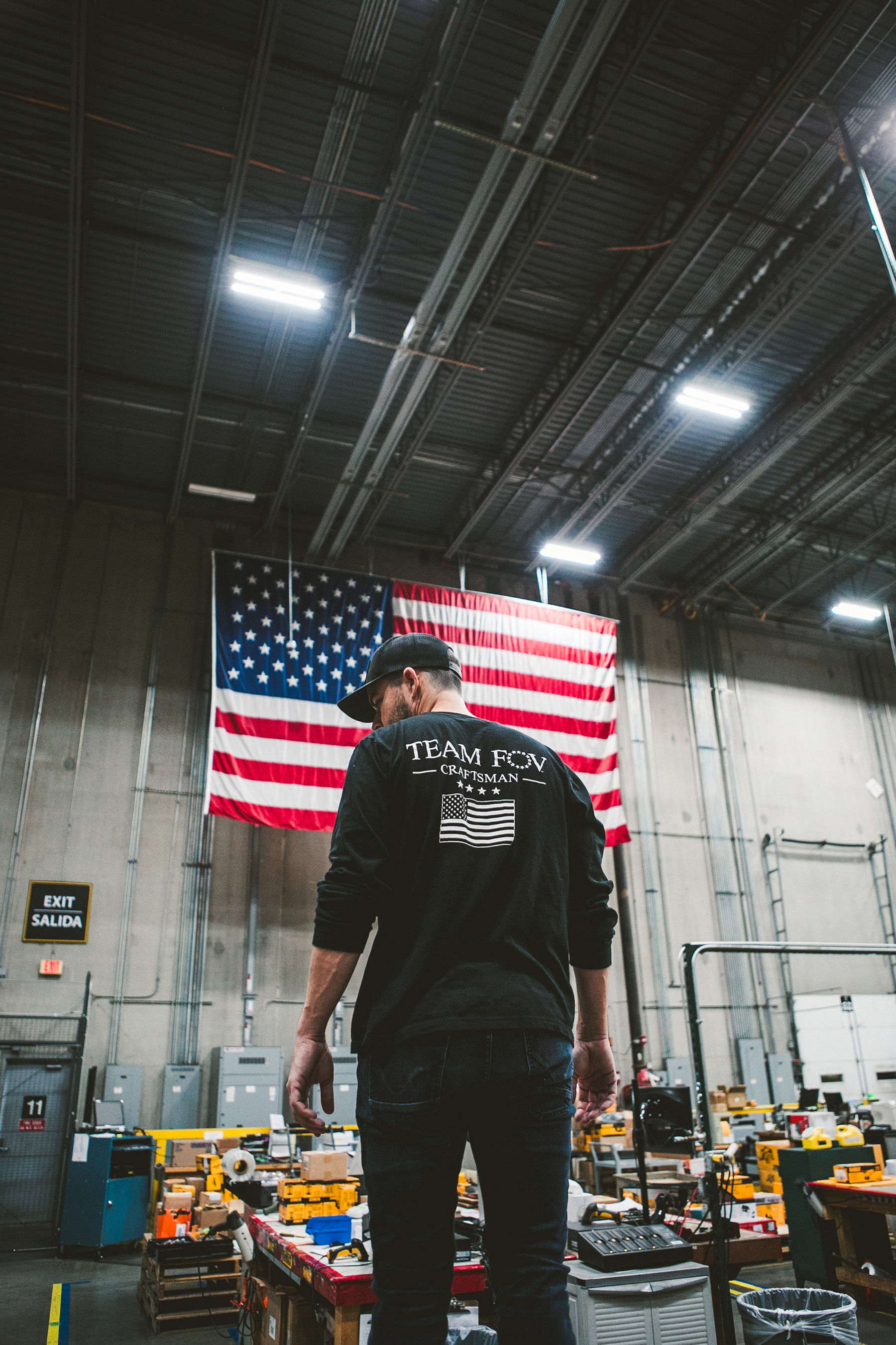 Brian Steorts, Owner and President of Flags Of Valor, visits a DEWALT plant in Charlotte, North Carolina.