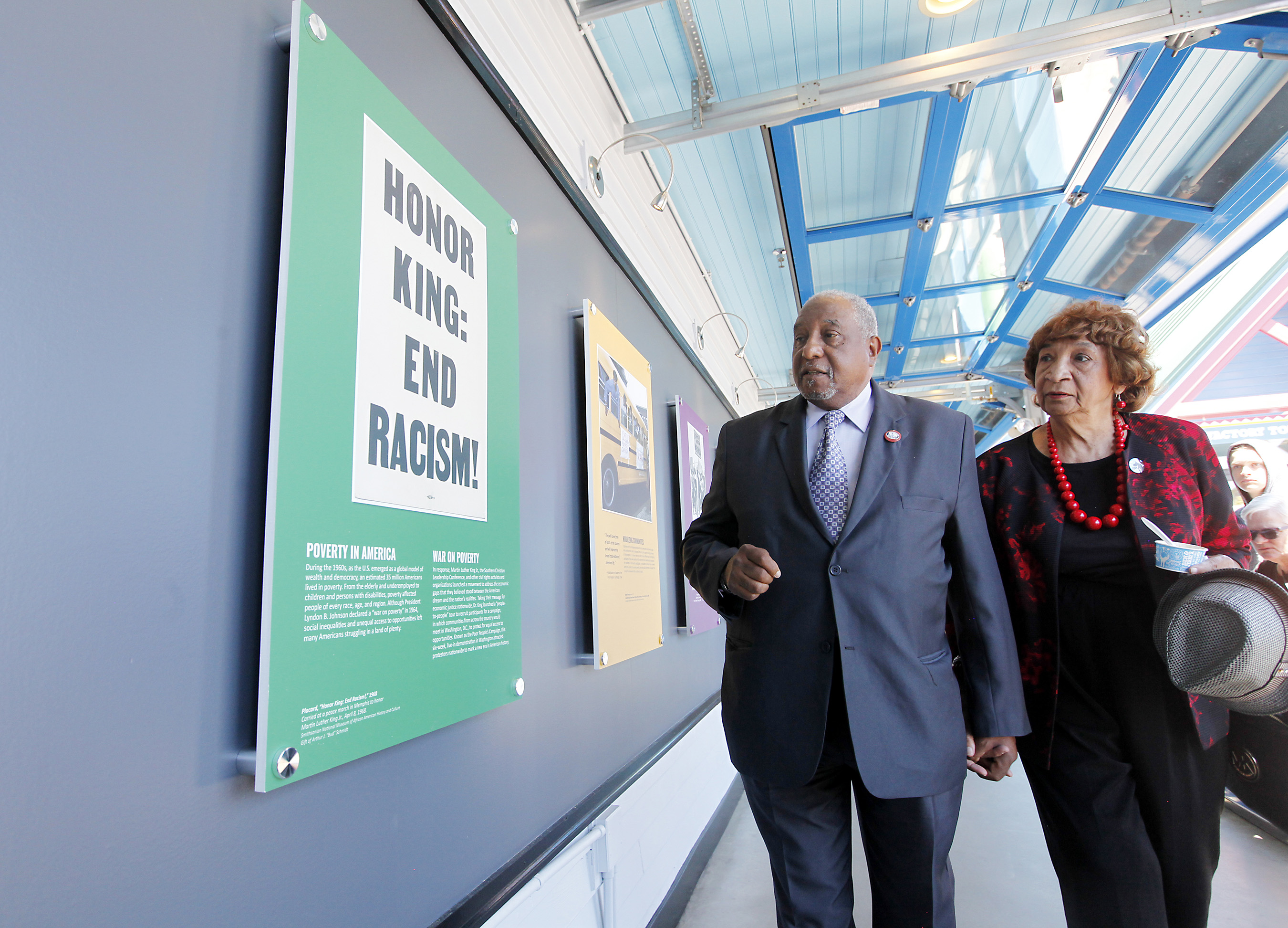 Dr. Bernard LaFayette and his wife, Kate, stroll through a new exhibit on the 1968 Poor People's Campaign installed at Ben & Jerry's factory in Waterbury, VT.