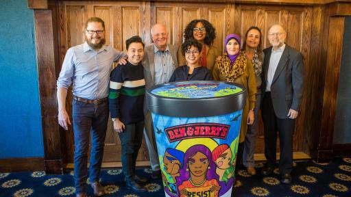 Ben & Jerry’s launched Pecan Resist today to support groups working for justice. Pictured L to R: Matthew McCarthy, Ben & Jerry’s CEO; Dani Marrero Hi, Neta; Ben Cohen, Ben & Jerry’s Co-Founder; Favianna Rodriguez, artist-activist; Brandi Collins-Dexter, Color Of Change; Linda Sarsour, Women’s March; Winona LaDuke, Honor the Earth; Jerry Greenfield, Ben & Jerrys Co-Founder.
