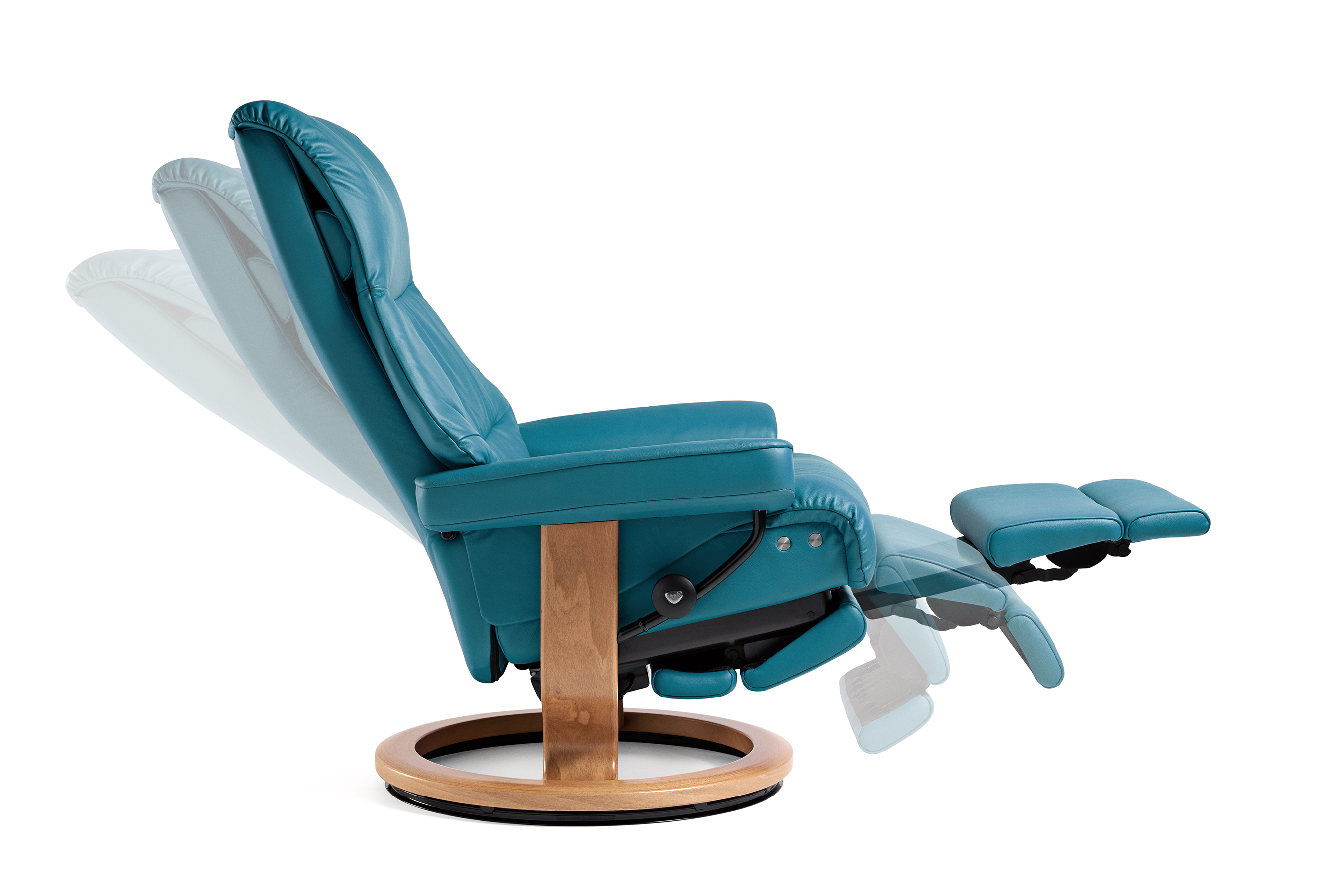 The Stressless LegComfort™-system releases a hidden footrest with a gentle push to provide optimal, adjustable leg support. Shown here with the Classic Recliner in Paloma Crystal Blue leather.