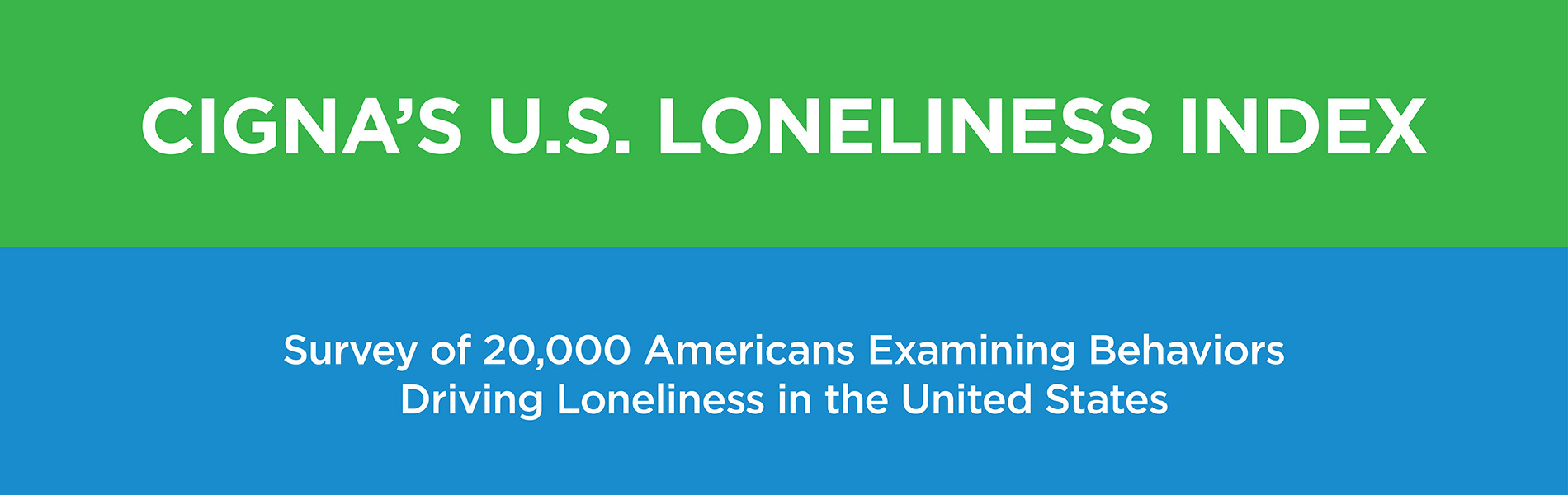 Green and blue banner that reads, Cigna's U.S. loneliness index. Survey of 20,000 Americans examining behaviors driving loneliness in the United States.