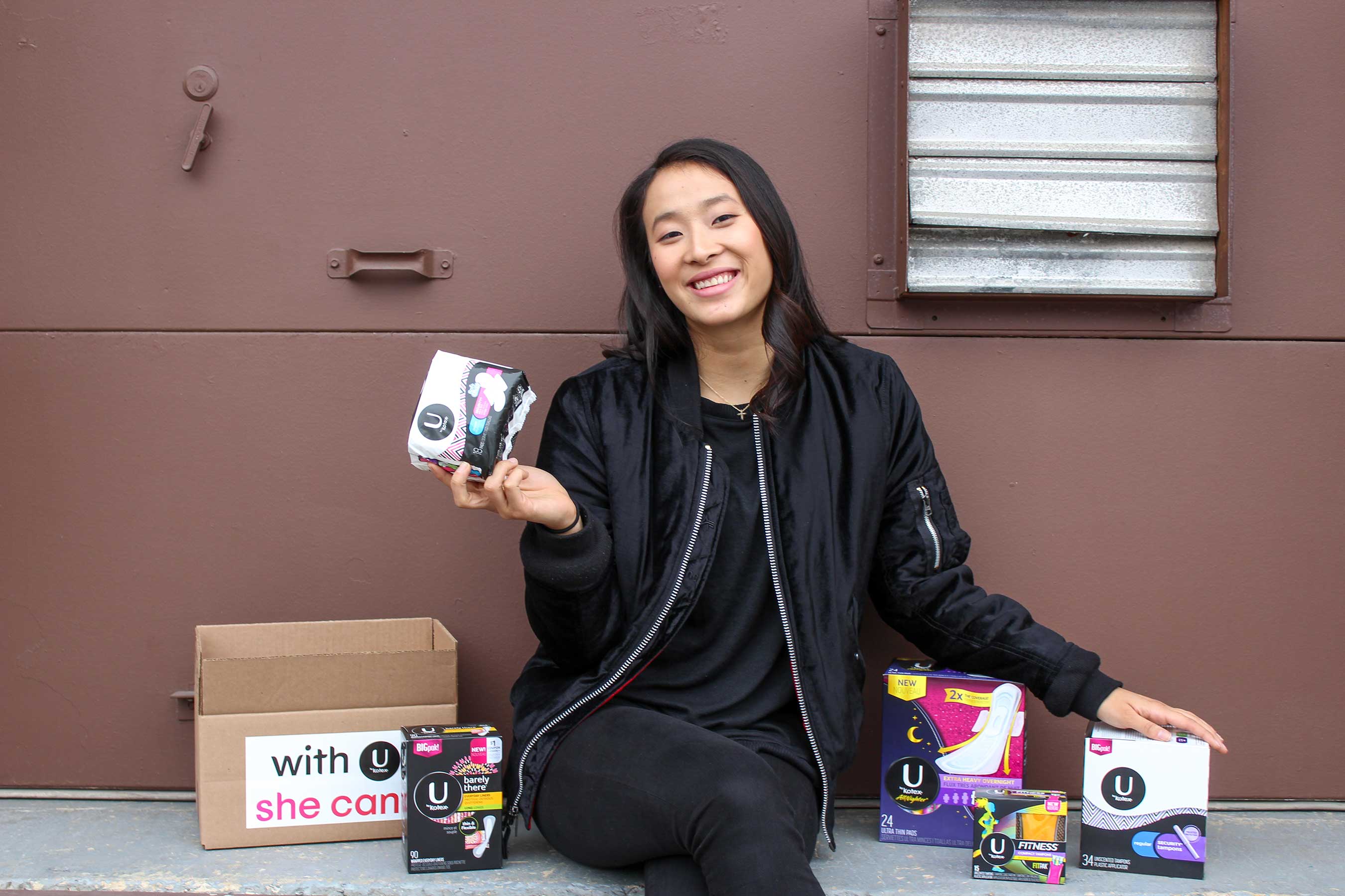 Nadya Okamoto, founder of PERIOD, partners with U by Kotex® for With U, She Can, raising awareness of and access to the nearly one in four women struggling to access period products.       